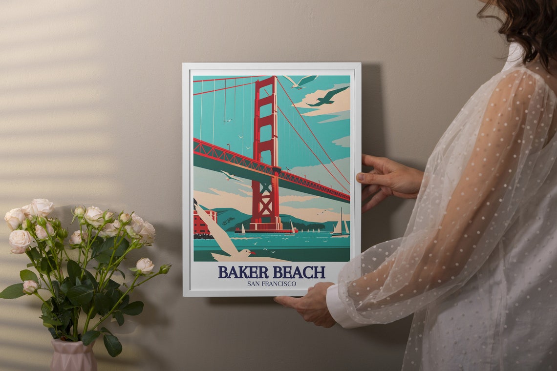 Baker Beach Golden Gate Bridge Poster Retro Seagull Coastal Decor - Image 3