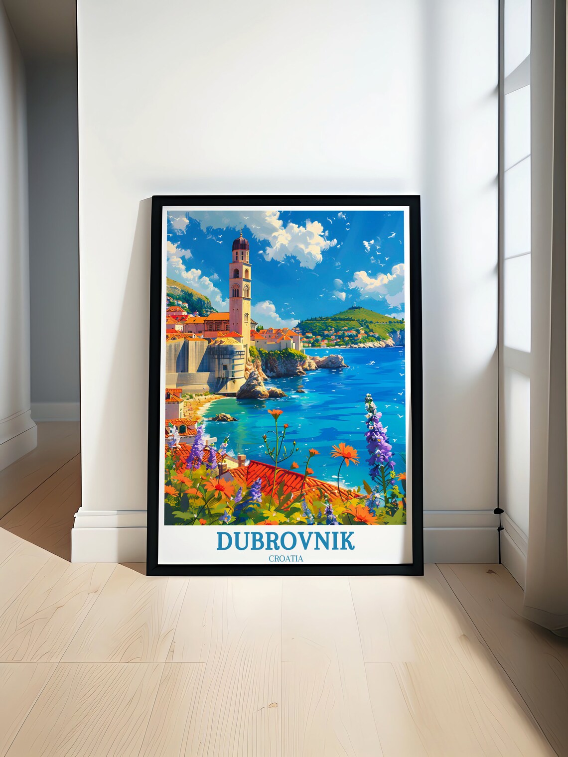 Dubrovnik Bell Tower Harbor View With Wildflower Foreground Poster