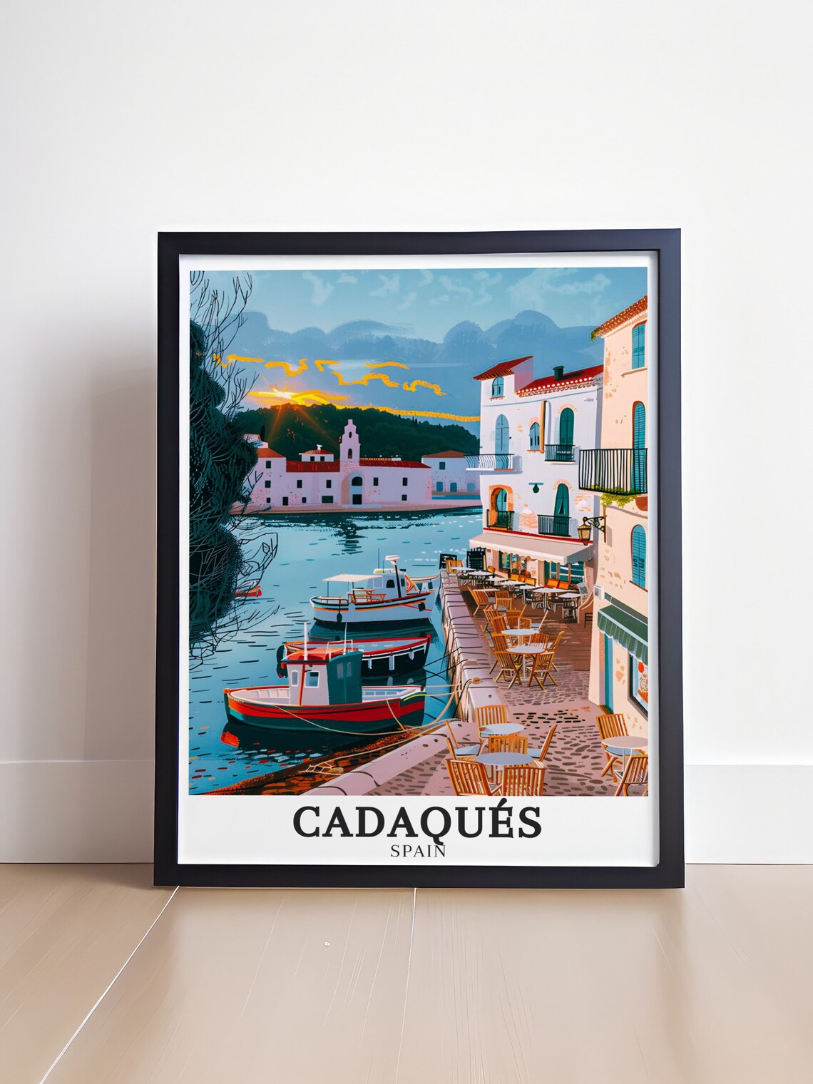 Cadaques Waterfront Cafes and Moored Boats at Golden Hour Poster - Image 4