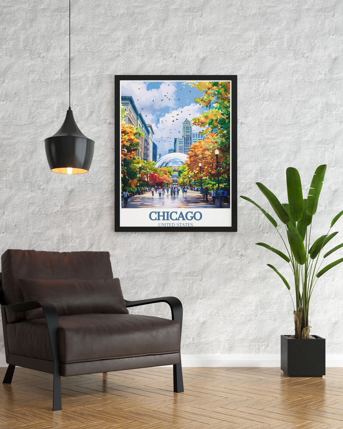 Chicago Millennium Park Cloud Gate Autumn Trees Downtown Poster - Image 3
