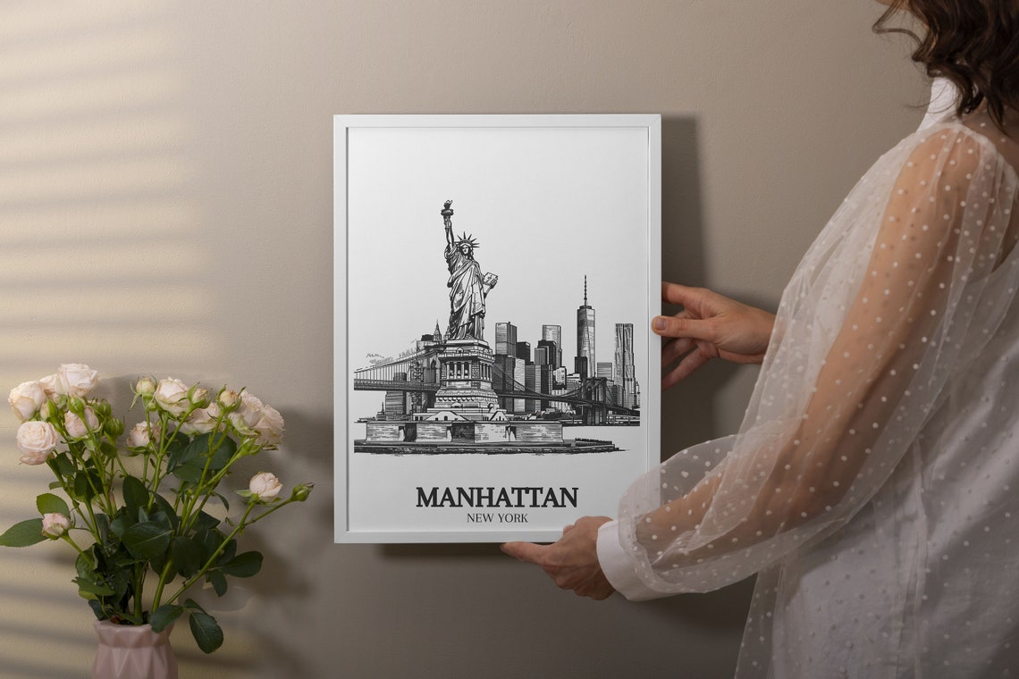 Manhattan New York Statue of Liberty Skyline Sketch Art Poster - Image 2
