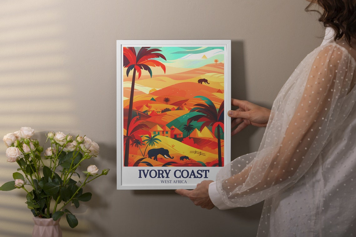 Ivory Coast West Africa Savanna Elephants Palm Sunset Art Poster - Image 3