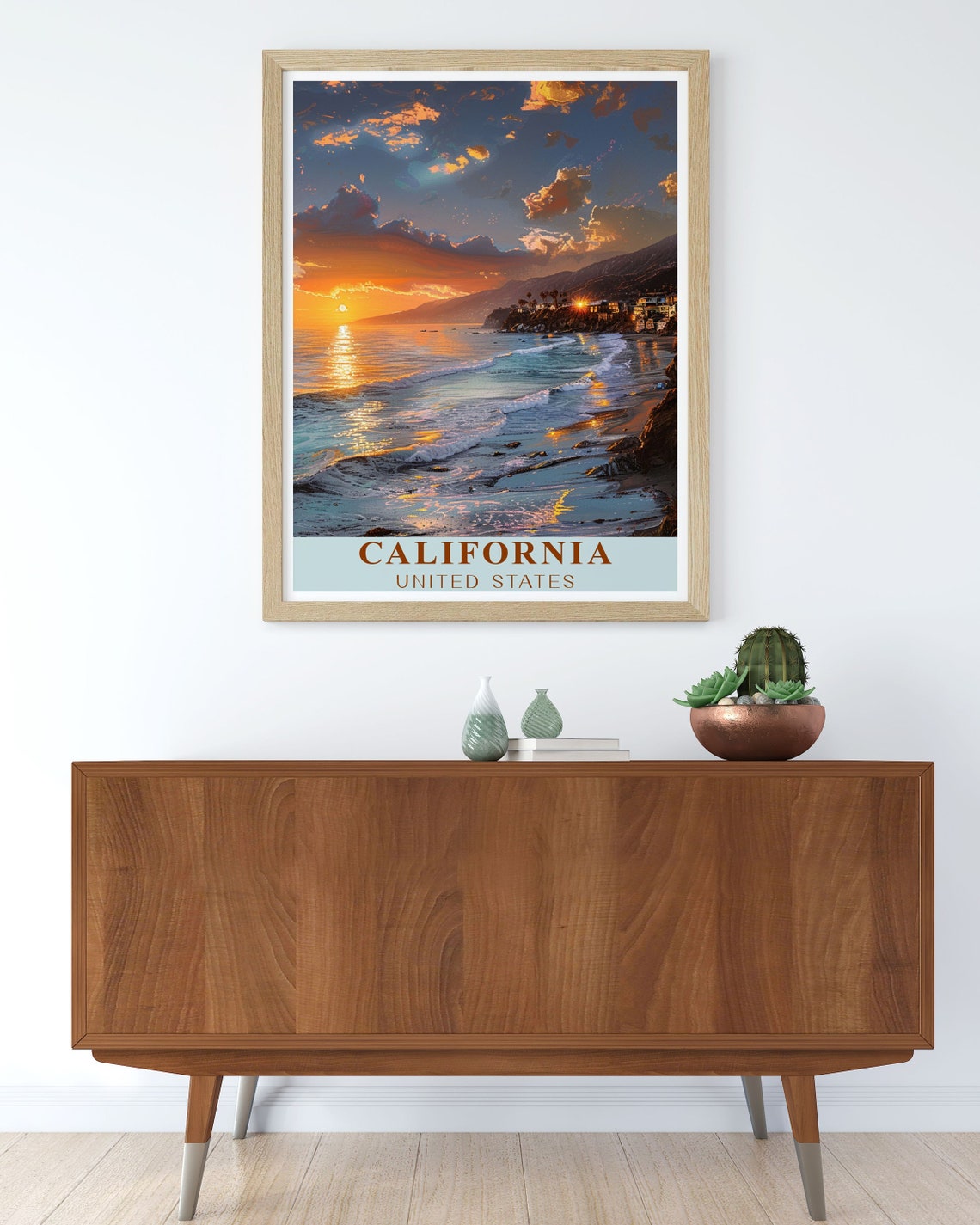 California Coastline Sunset Over Waves and Sandy Beach Travel Poster - Image 2