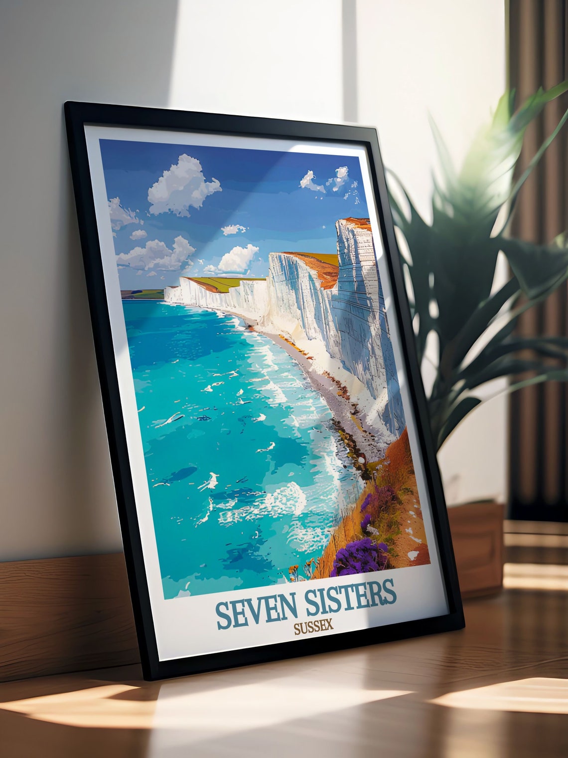 Seven Sisters White Chalk Cliffs Turquoise Sea Travel Poster - Image 3