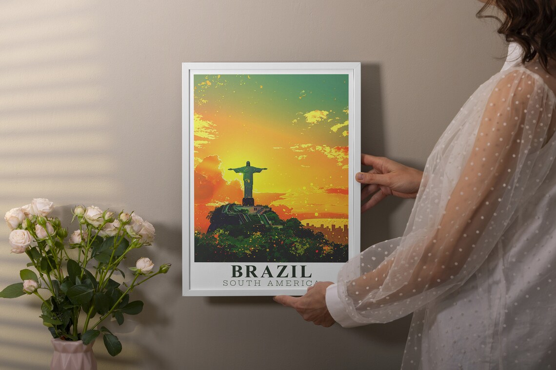 Brazil Christ the Redeemer Poster Rio Sunset Silhouette Skyline Art - Image 3