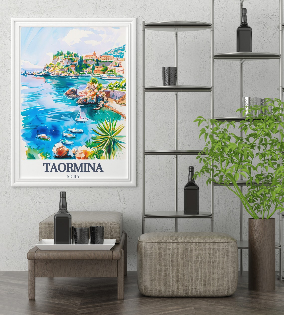 Taormina Sicily Isola Bella Watercolor Boats Coast Travel Poster - Image 2