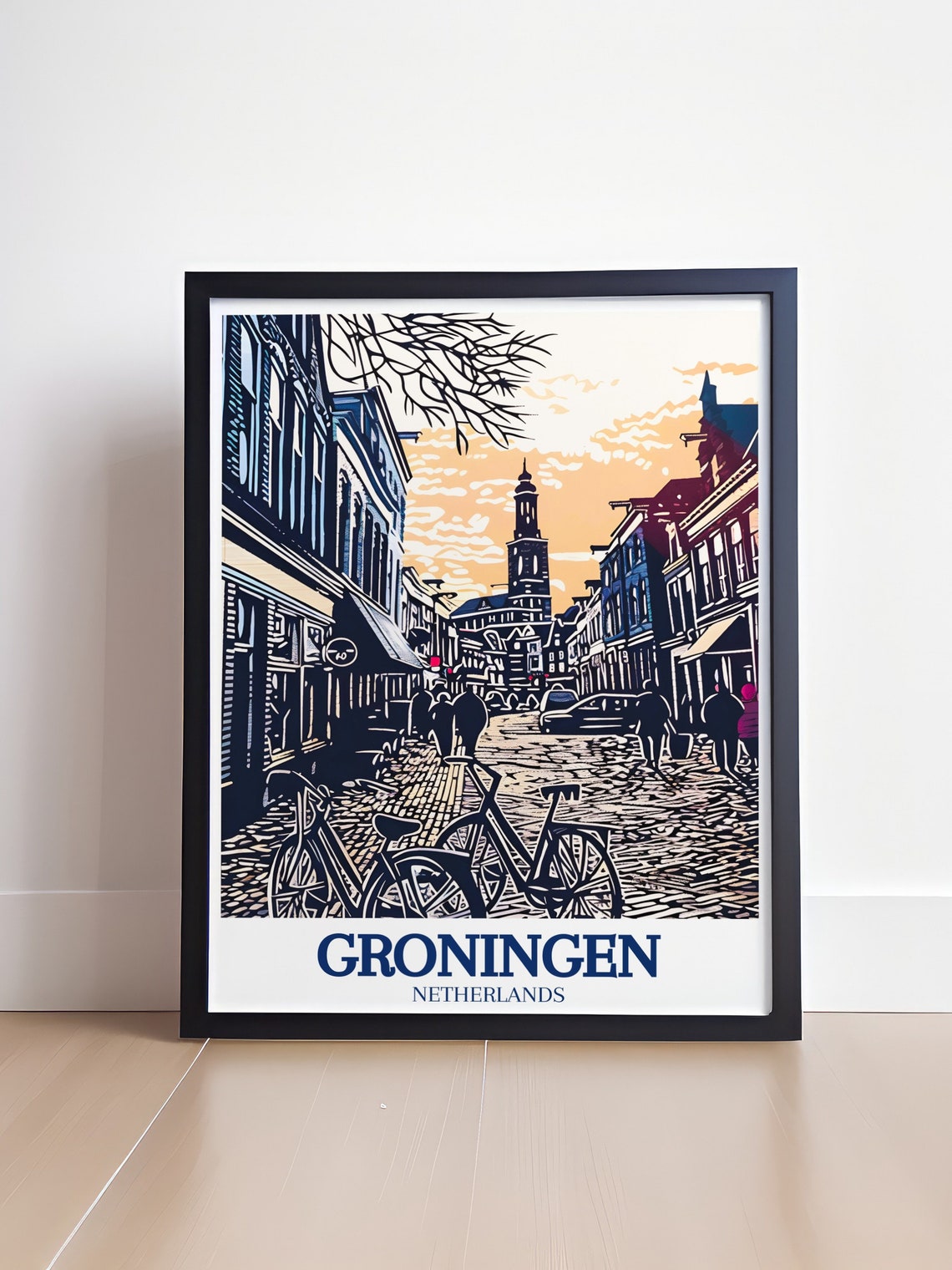 Groningen Cobblestone Street Bikes Linocut Style Netherlands Poster - Image 4