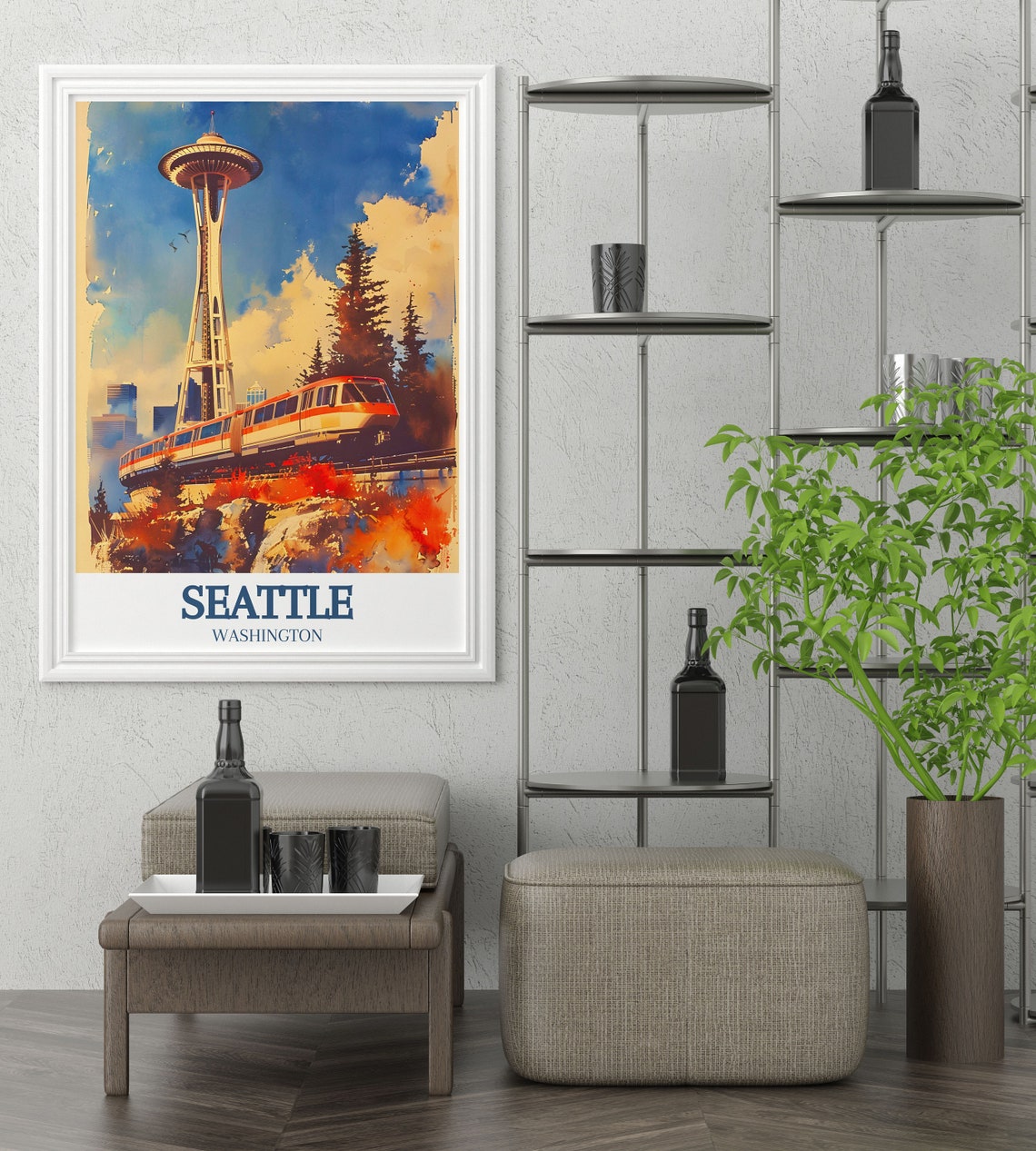 Seattle Space Needle and Monorail Watercolor Washington Travel Poster - Image 2