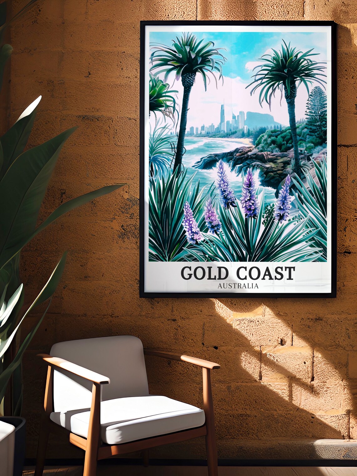 Gold Coast Australia Rocky Coastline Palms City Skyline Poster - Image 3