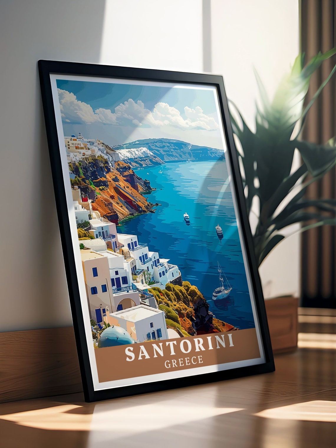 Santorini Greece Caldera Fira Cliffside Sailboats Travel Poster - Image 2