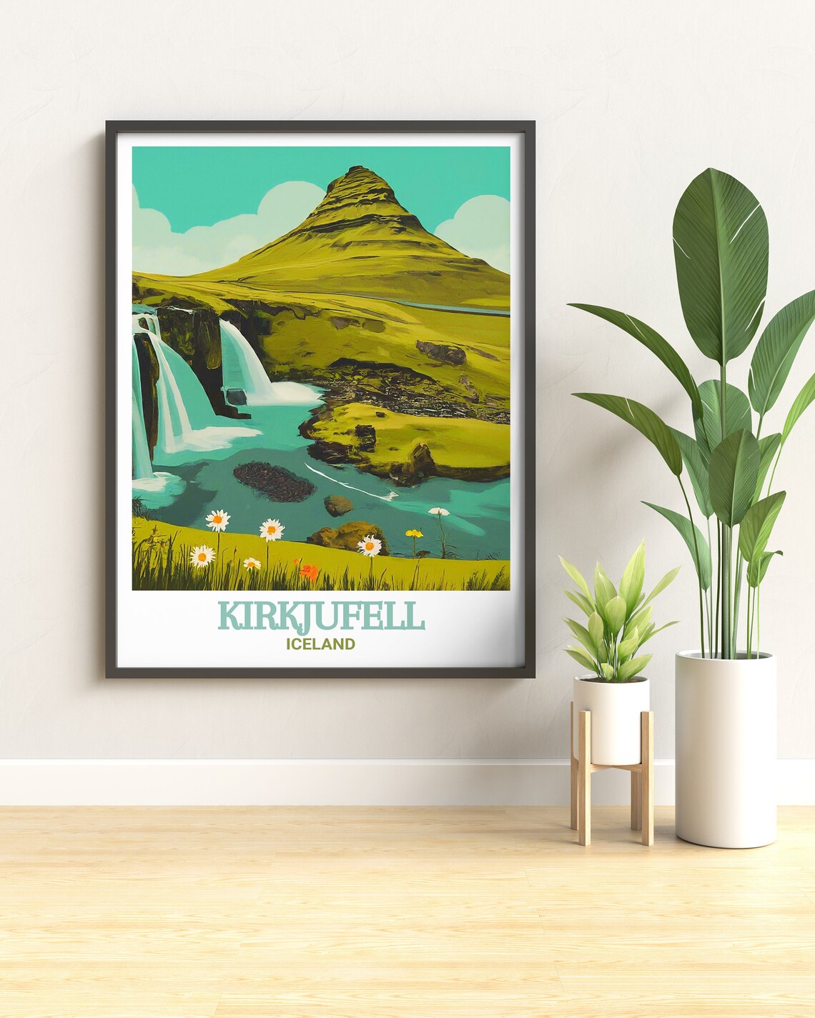 Kirkjufell Iceland Kirkjufellsfoss Waterfall Meadow View Poster - Image 2