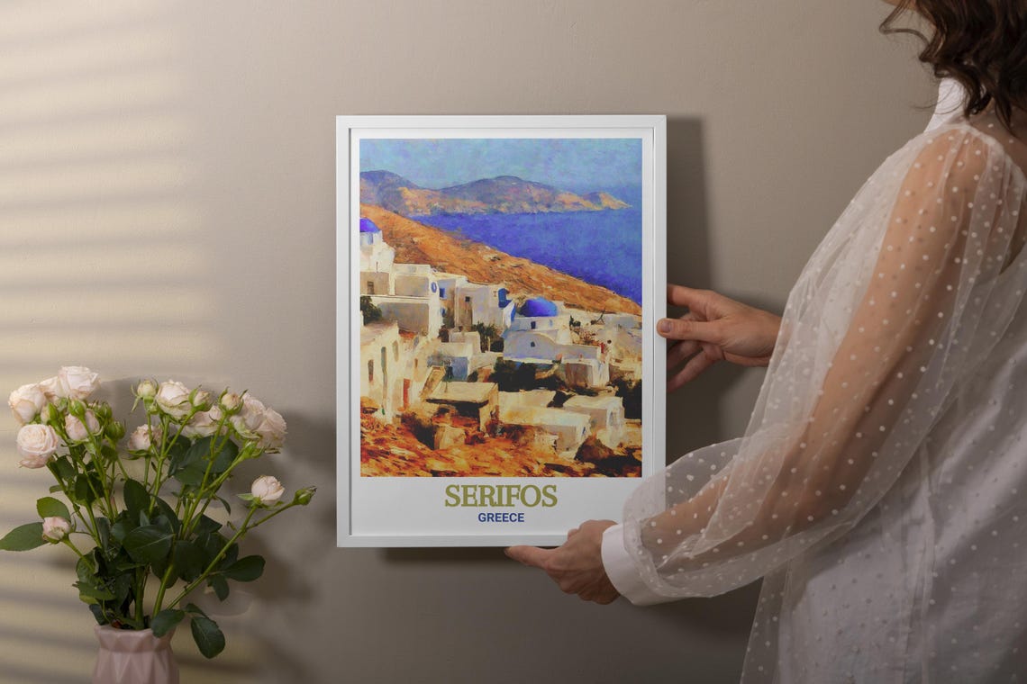 Serifos Greece Sunlit Harbor White Village Hillside Travel Poster - Image 3
