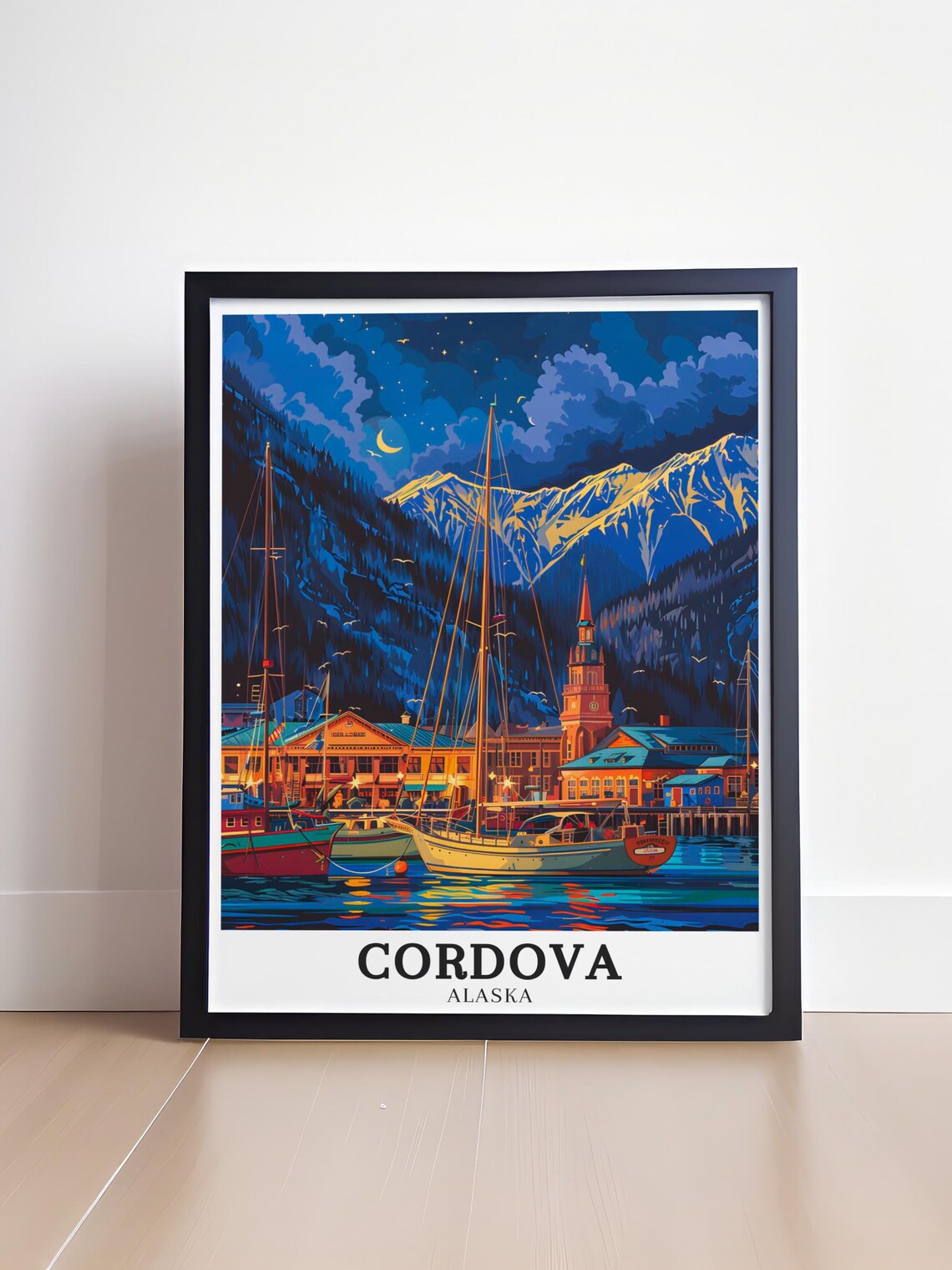 Cordova Alaska Night Harbor Sailboats Moonlit Mountains Town Poster - Image 4