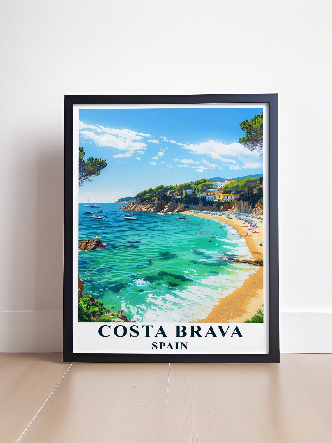 Costa Brava Turquoise Cove Beach with Cliffs Swimmers Spain Poster - Image 4