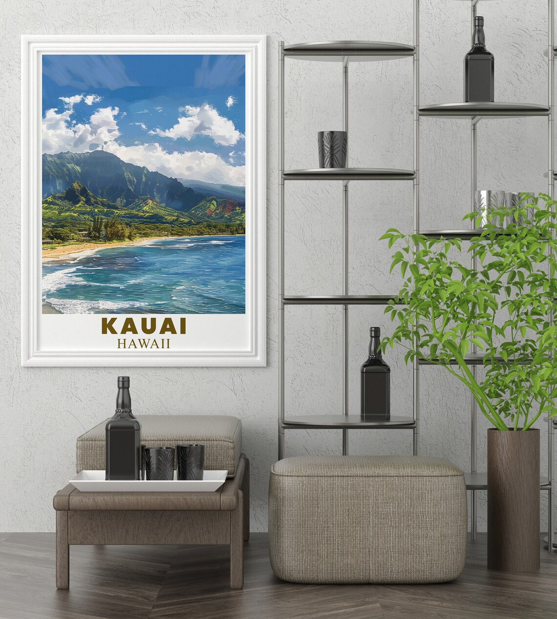 Kauai Hawaii Hanalei Bay Beach Mountains Retro Travel Poster - Image 3