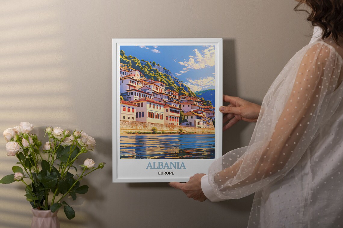 Albania Berat White Ottoman Hillside Houses River Travel Poster - Image 4