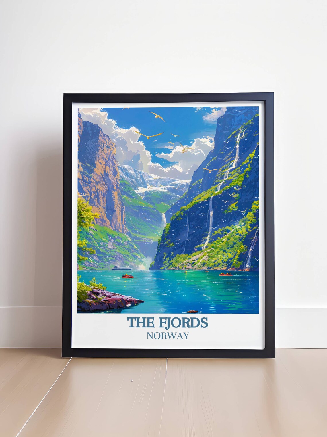 The Fjords Norway Travel Poster Waterfalls Kayaks and Cliffs View - Image 4