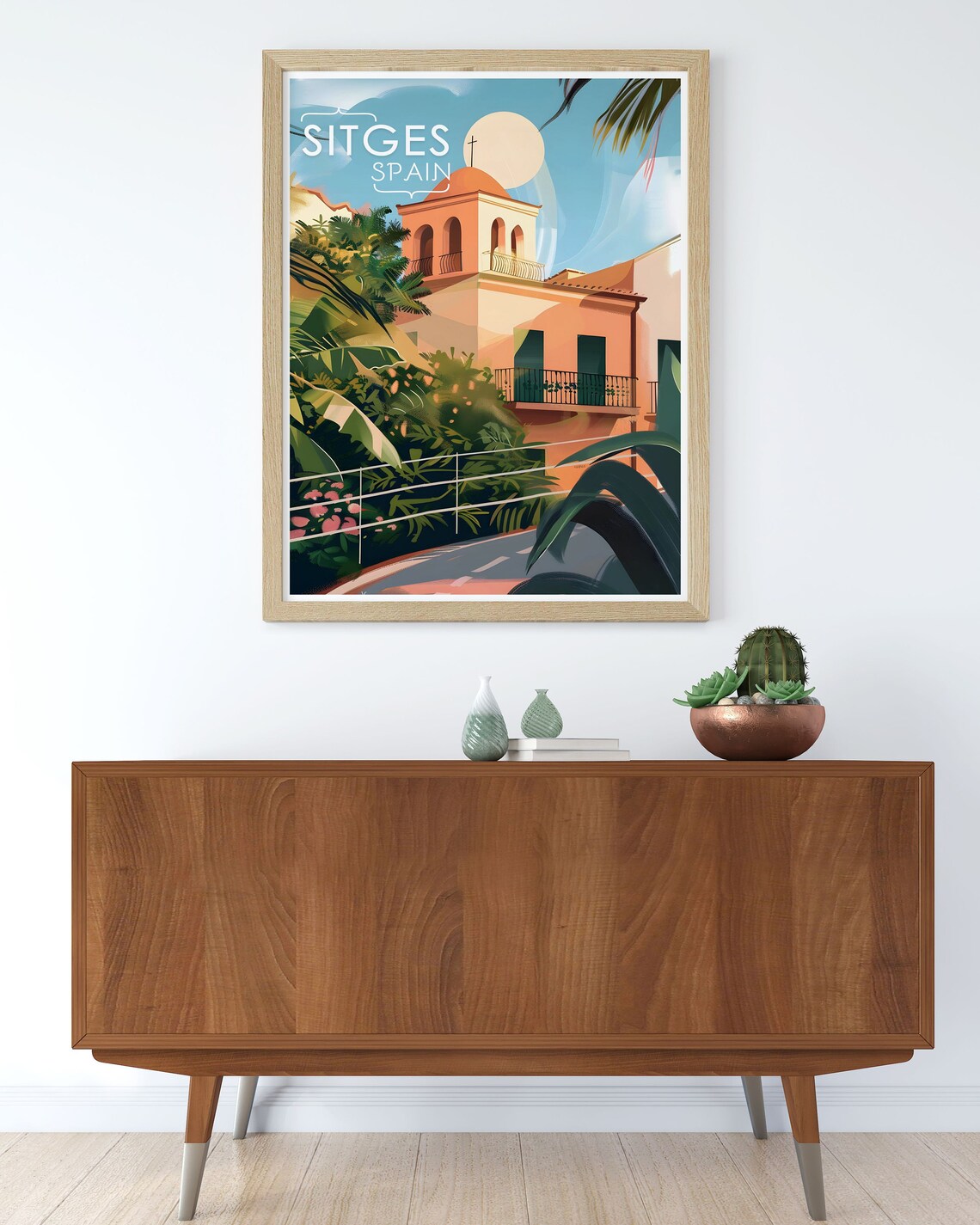 Sitges Spain Church of Sant Bartomeu Palm Fronds Retro Travel Poster - Image 3