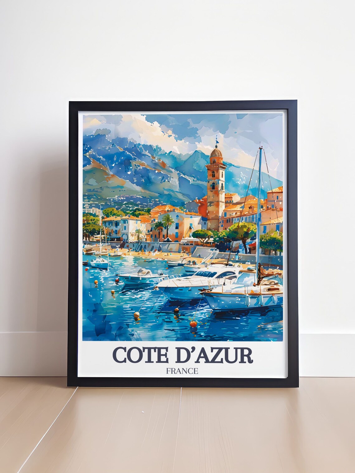 Cote d'Azur France Harbor Sailboats Coastal Hills Watercolor Poster - Image 4