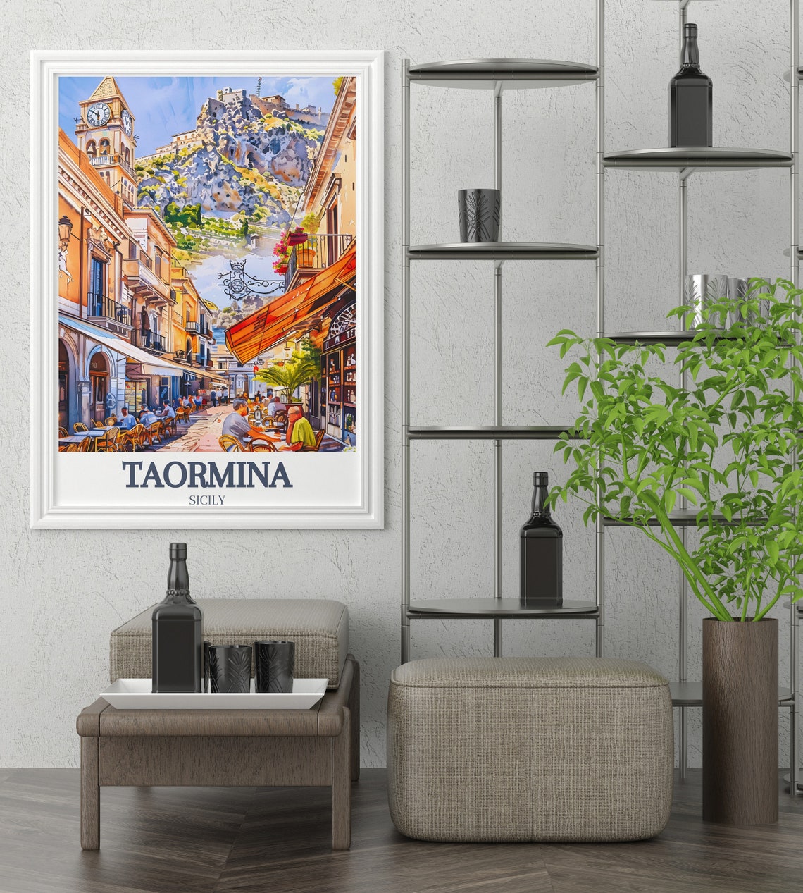 Taormina Corso Umberto Street Cafes Clock Tower Sicily Poster - Image 2