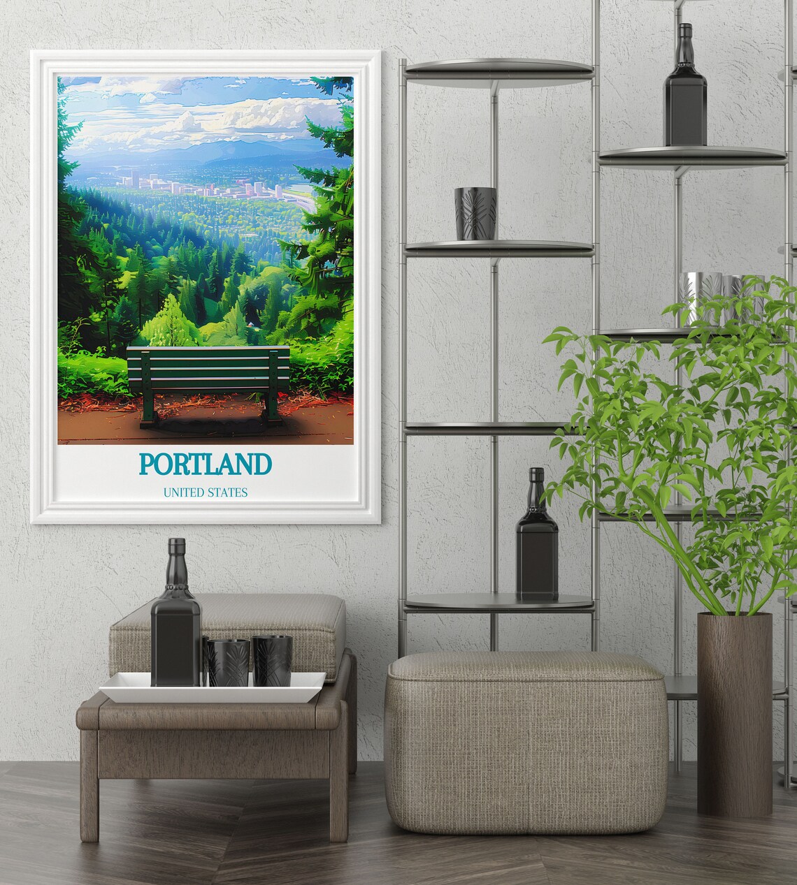 Portland Mount Tabor Park Green Bench Forest City View Poster - Image 2