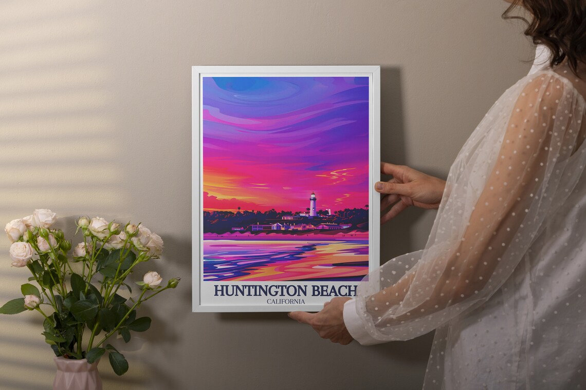 Huntington Beach Lighthouse Under a Neon Sunset Sky Travel Poster - Image 2