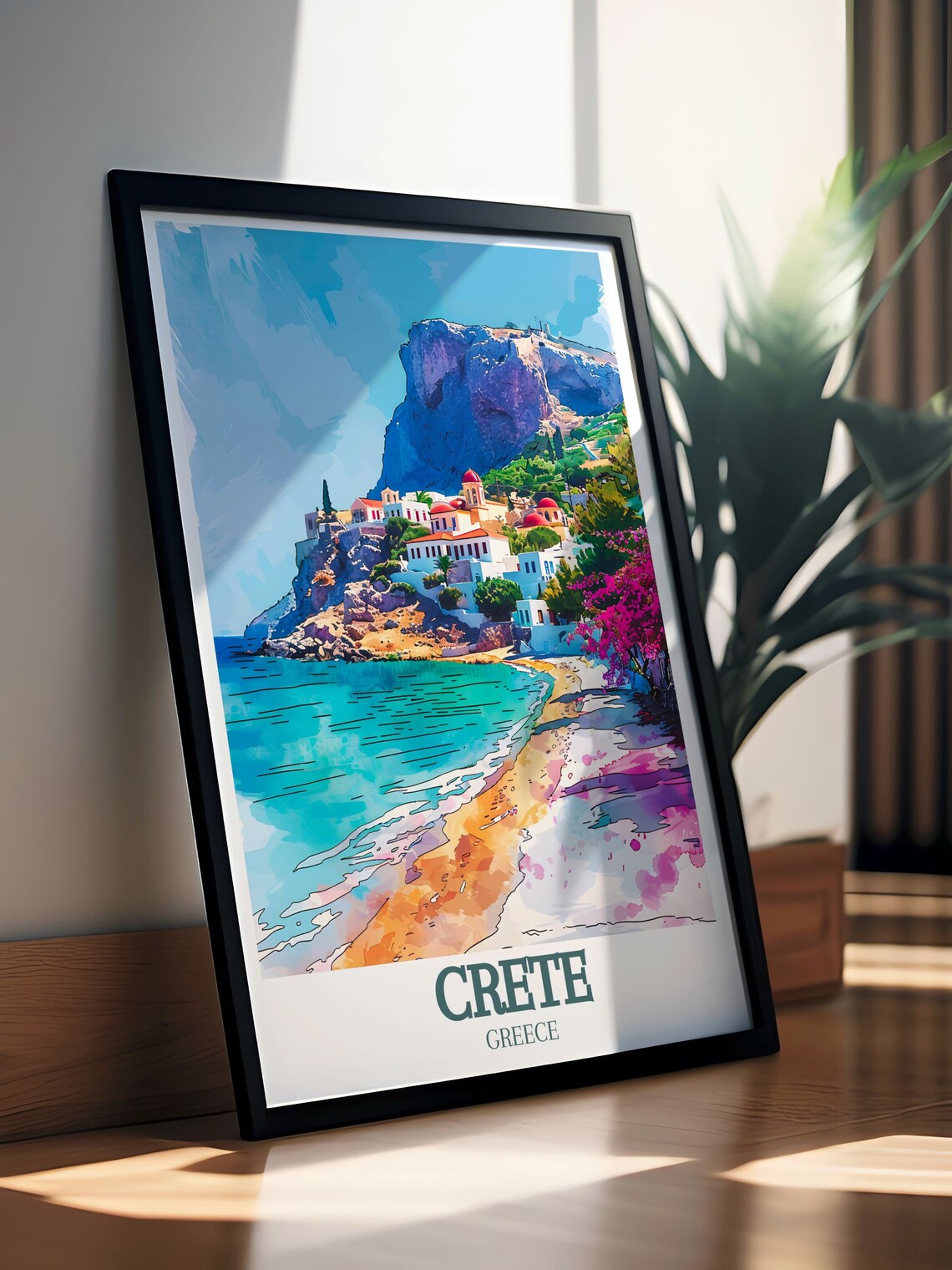 Crete Greece Watercolor Beach Village Red Domes Travel Poster - Image 2
