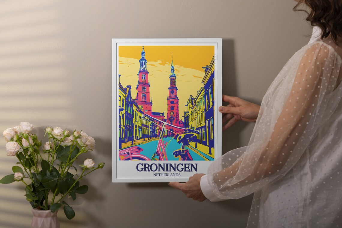 Groningen Netherlands Pop Art Street Scene with Historic Towers Poster - Image 3