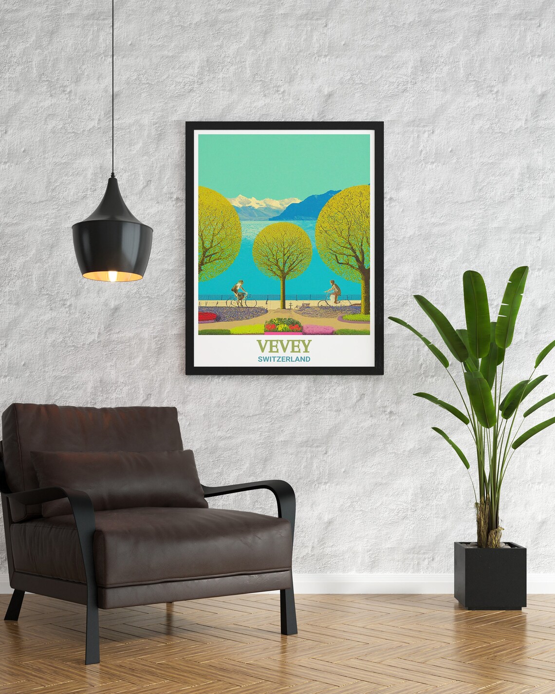 Vevey Lakeside Promenade Cyclists Along Lake Geneva Sunset Poster - Image 2
