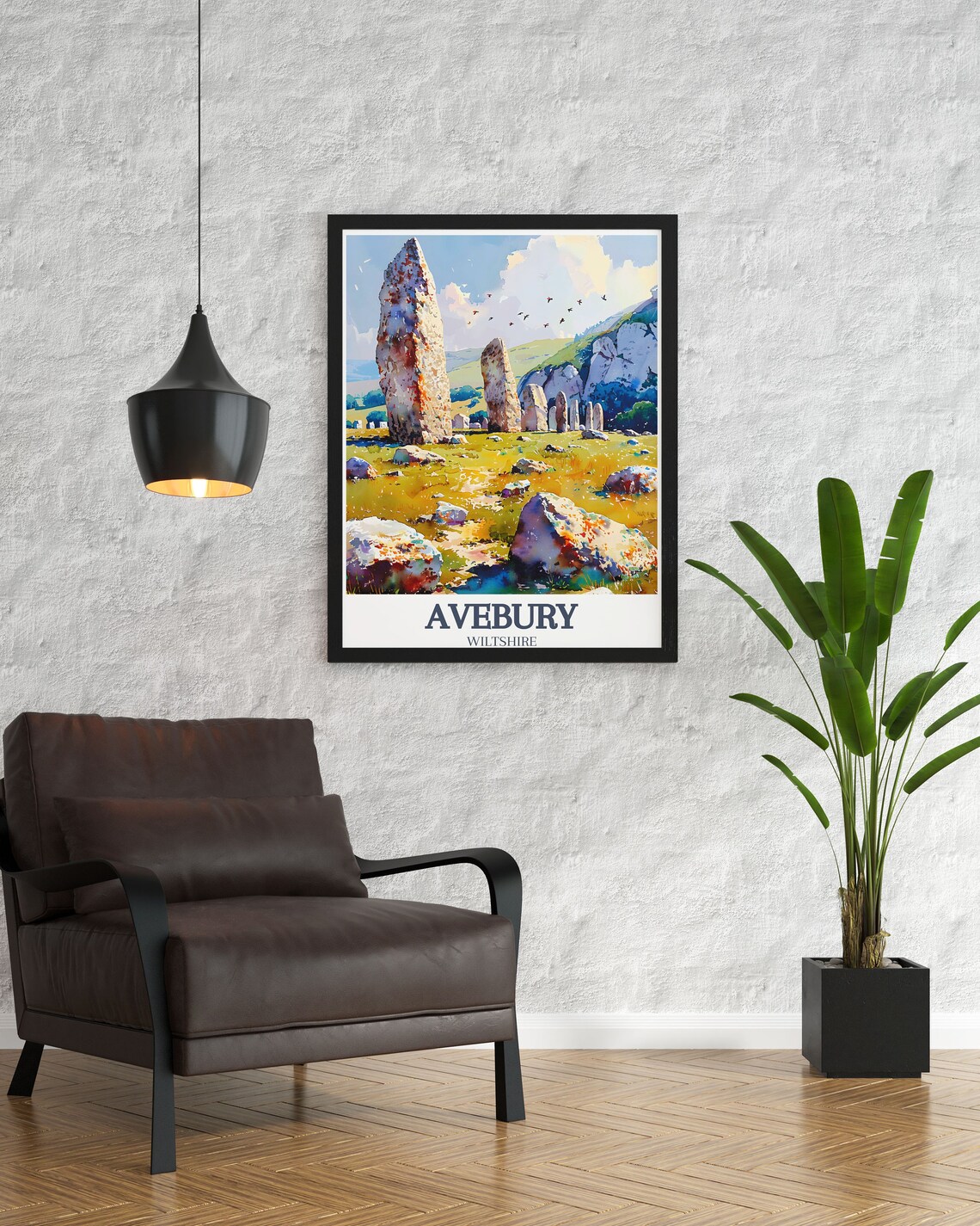 Avebury English Stone Circle Meadow Hills Watercolor Travel Poster - Image 3