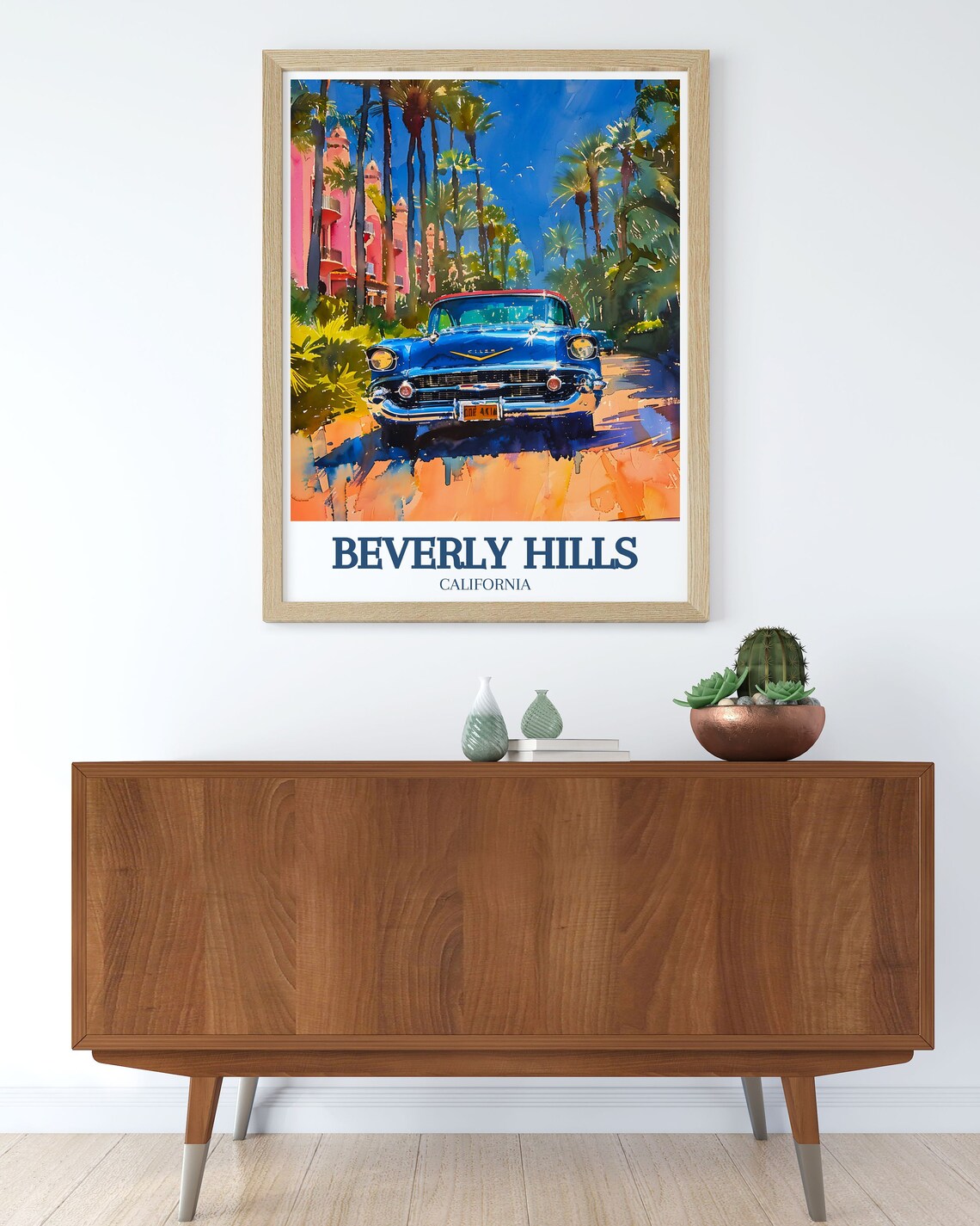 Beverly Hills California Classic Blue Car Pink Hotel Palms Poster - Image 3