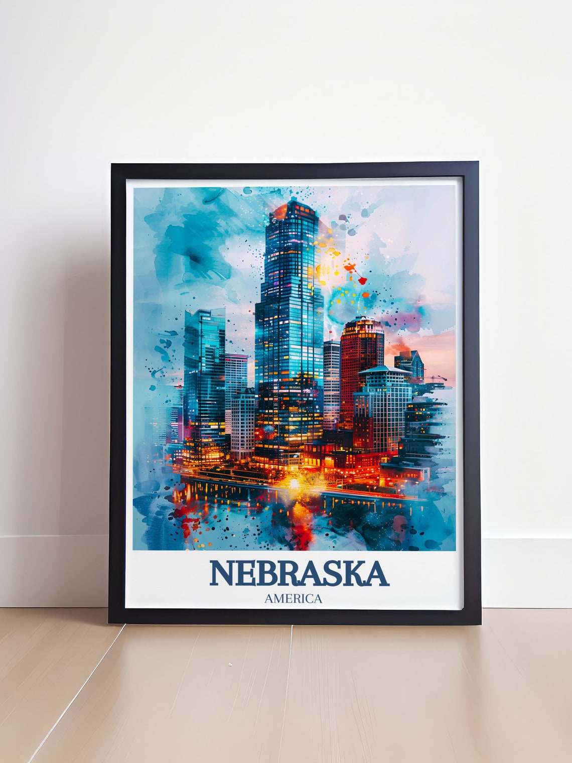 Omaha Downtown Glowing Skyline Watercolor at Dusk Nebraska Poster - Image 4