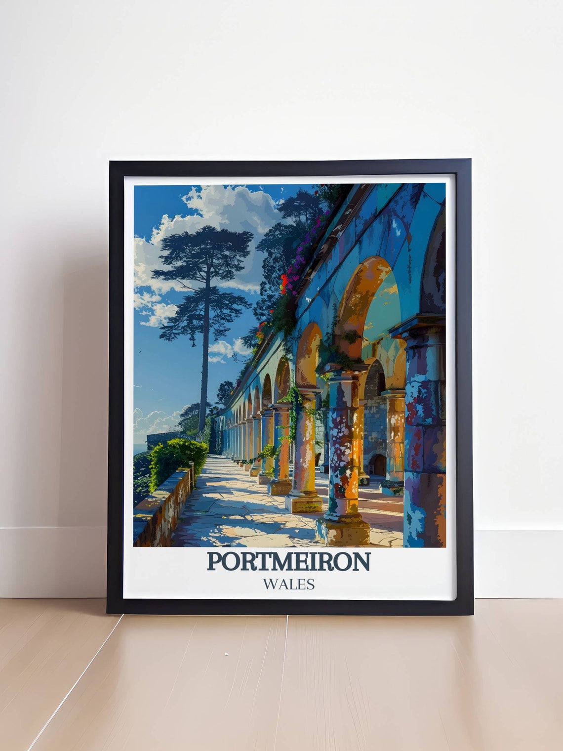 Portmeirion Flower Terrace Stone Colonnade Under Blue Sky Poster - Image 4