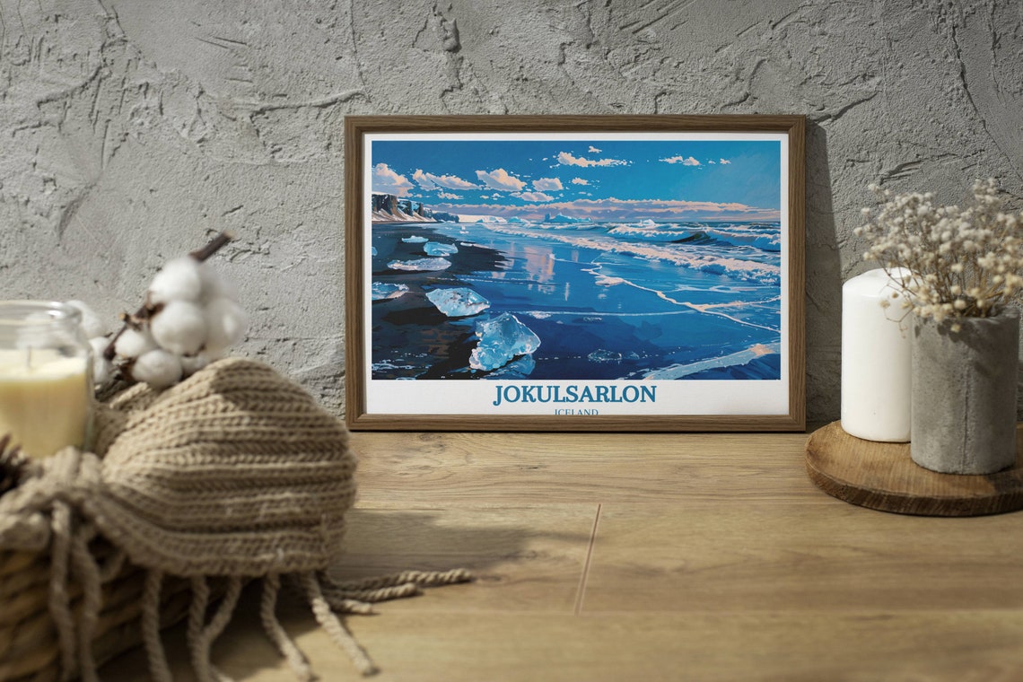 Jokulsarlon Iceland Black Sand Beach Ice Chunks Waves Poster - Image 4