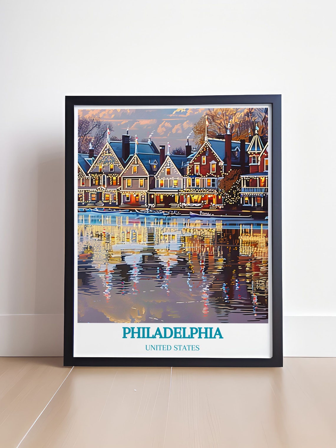 Philadelphia Boathouse Row Evening Lights Reflection Travel Poster - Image 4
