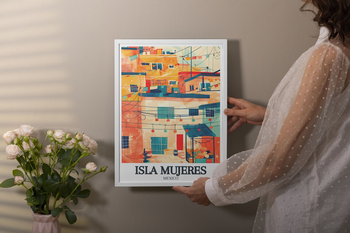 Isla Mujeres Colorful Market Street Under Festive Lights Travel Poster - Image 2