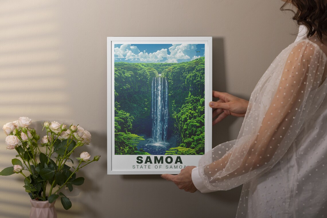 Papapapaitai Falls Tall Twin Cascade Lush Jungle Samoa Nature Poster - Image 2