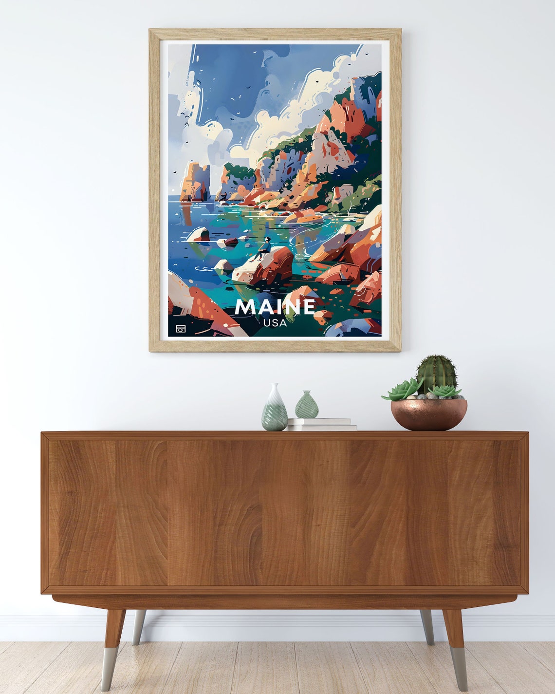 Maine USA Figure On Coastal Rocks Above The Blue Ocean Poster - Image 3