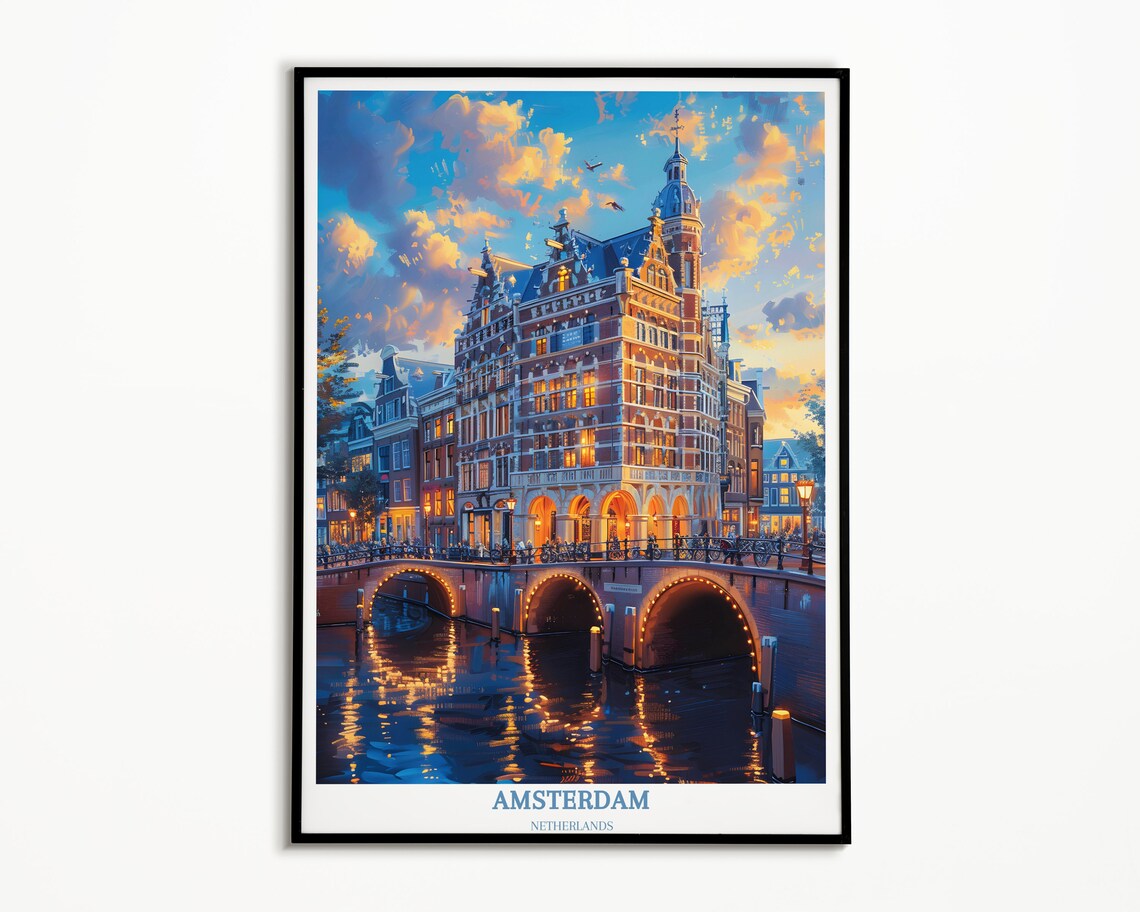 Amsterdam Canal House at Dusk with Lit Bridge Night Travel Poster - Image 2