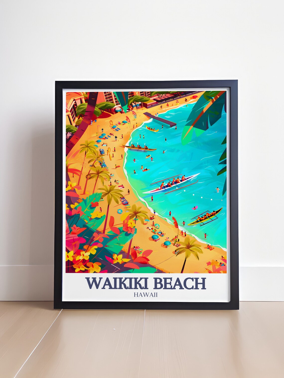 Waikiki Beach Hawaii Surf Canoes Palm Trees Colorful Beach Poster - Image 4