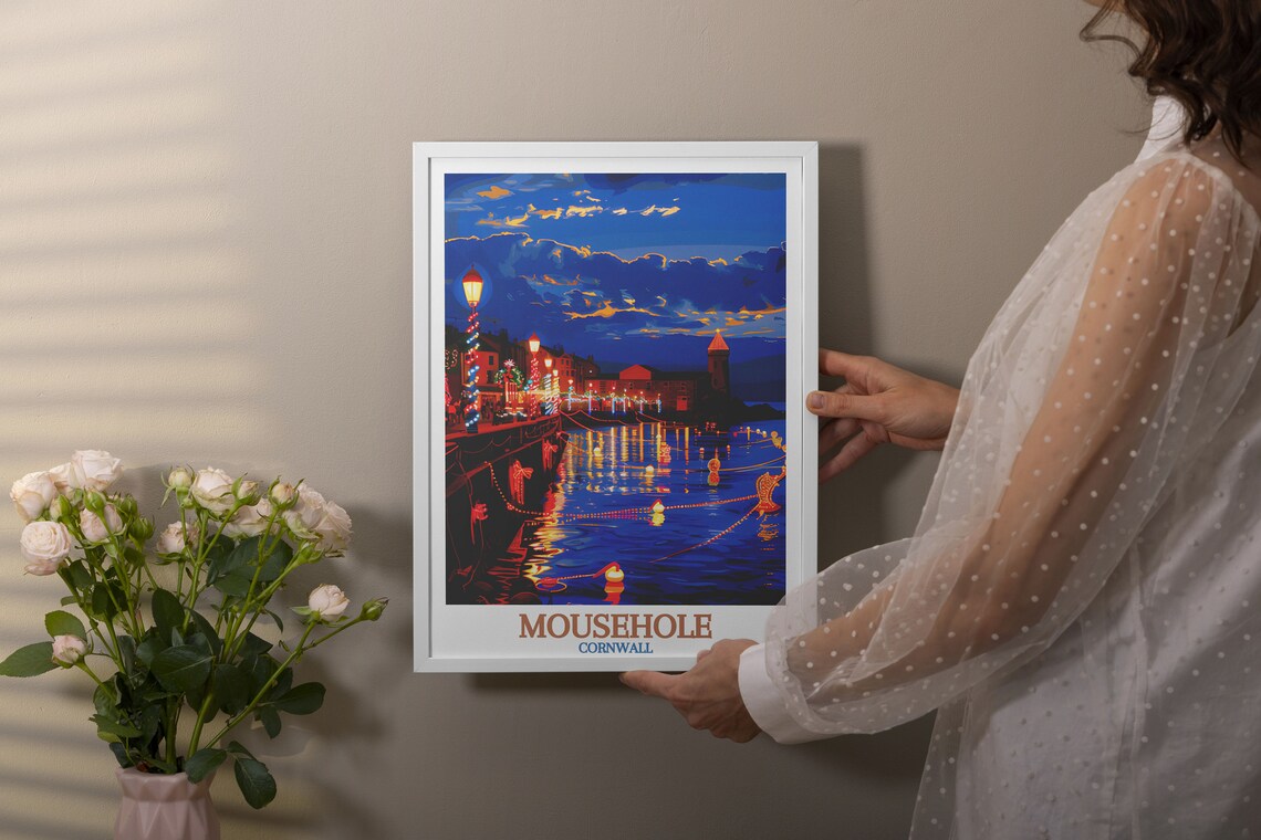 Mousehole Cornwall Christmas Lights Harbour Night Festive Travel Poster - Image 2