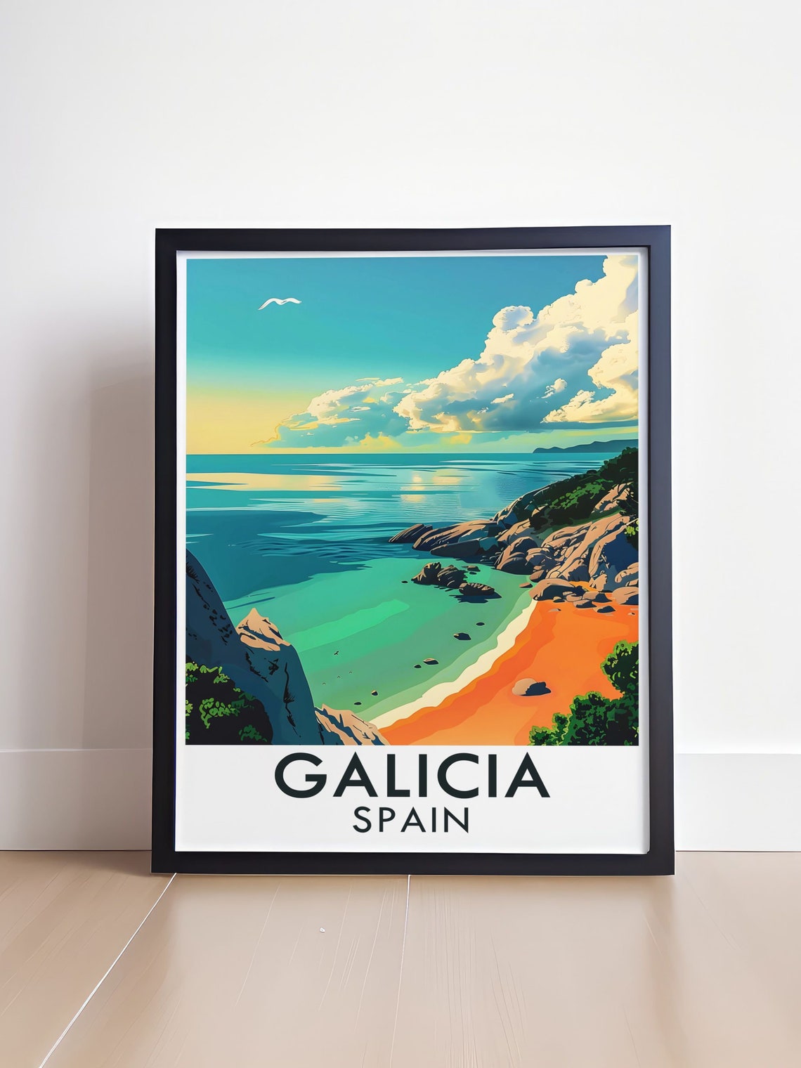 Galicia Spain Turquoise Cove Beach with Orange Sand Cliffs Poster - Image 4