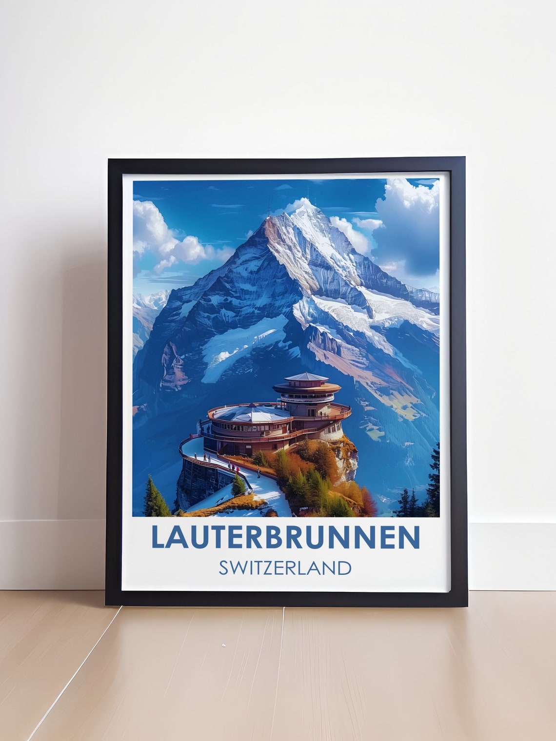 Lauterbrunnen Switzerland Snowy Peak and Cliffside Viewing Deck Poster - Image 4