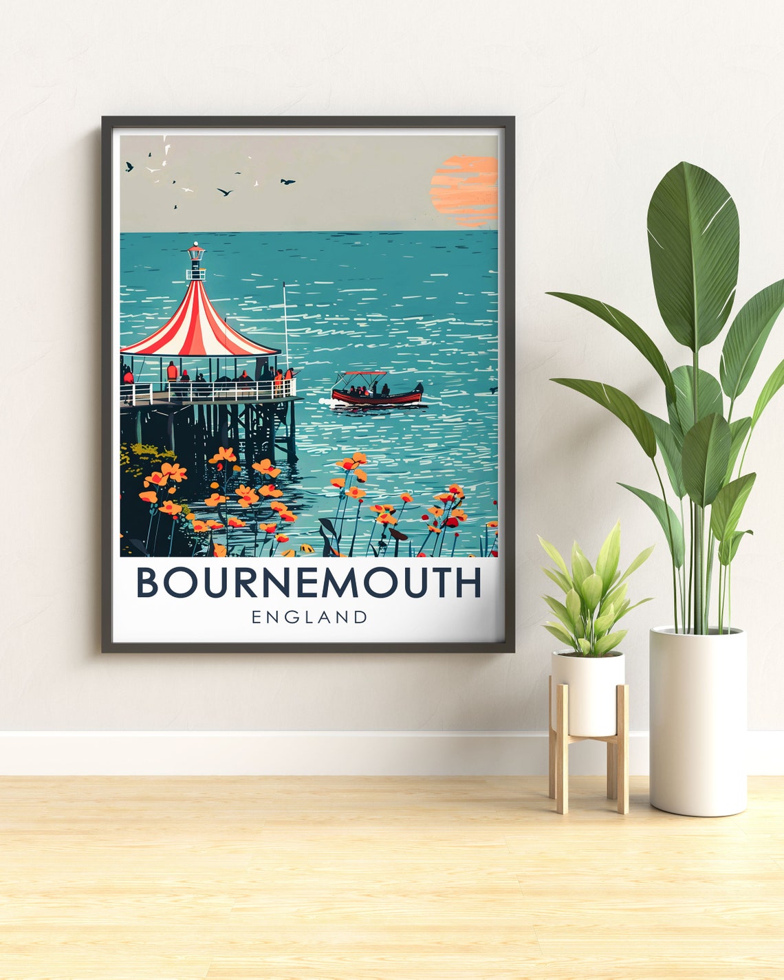 Bournemouth England Pier Striped Canopy Sunset Seaside Art Poster - Image 2