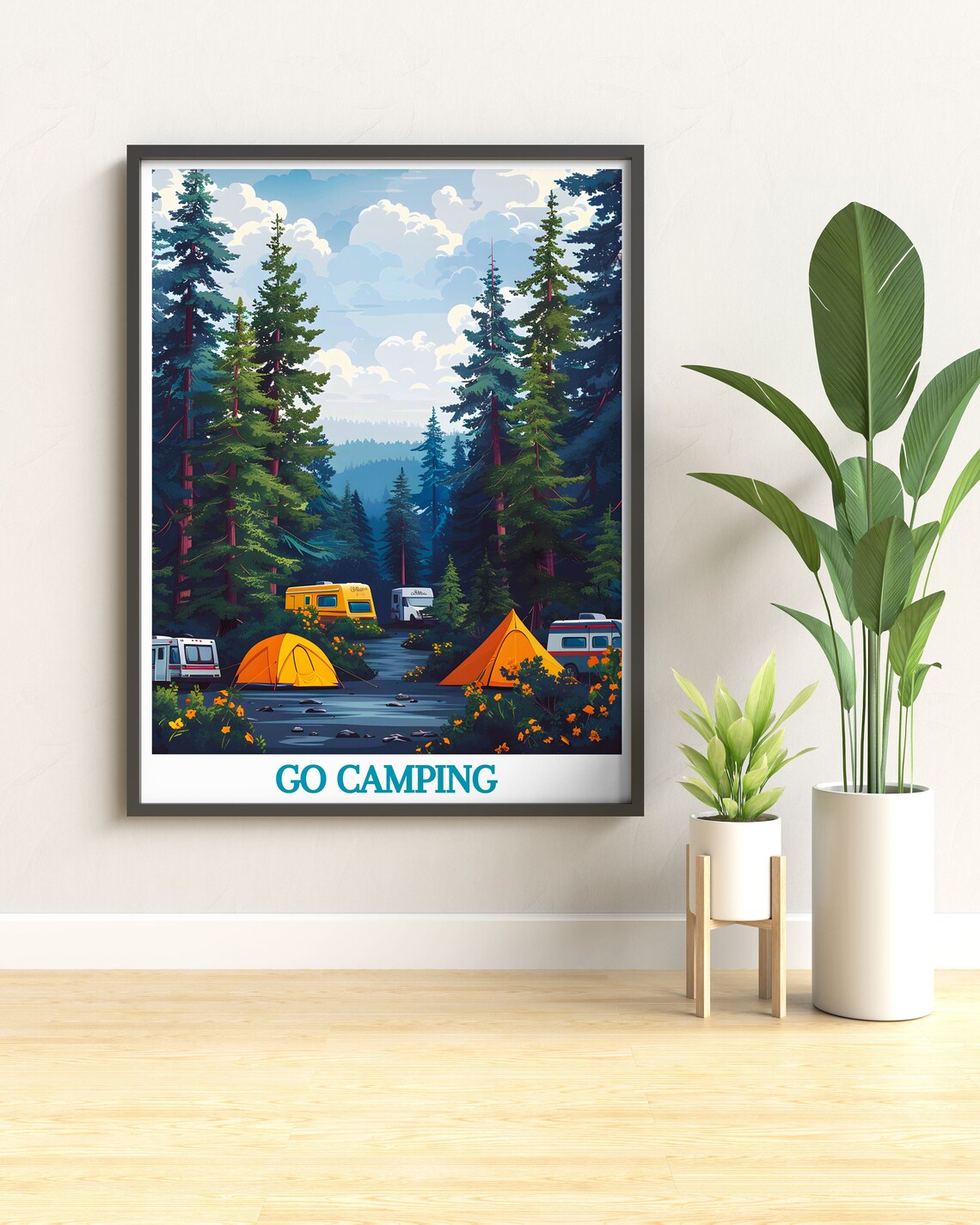 Go Camping Forest Campground Poster Vintage Tents Campers Pines - Image 2