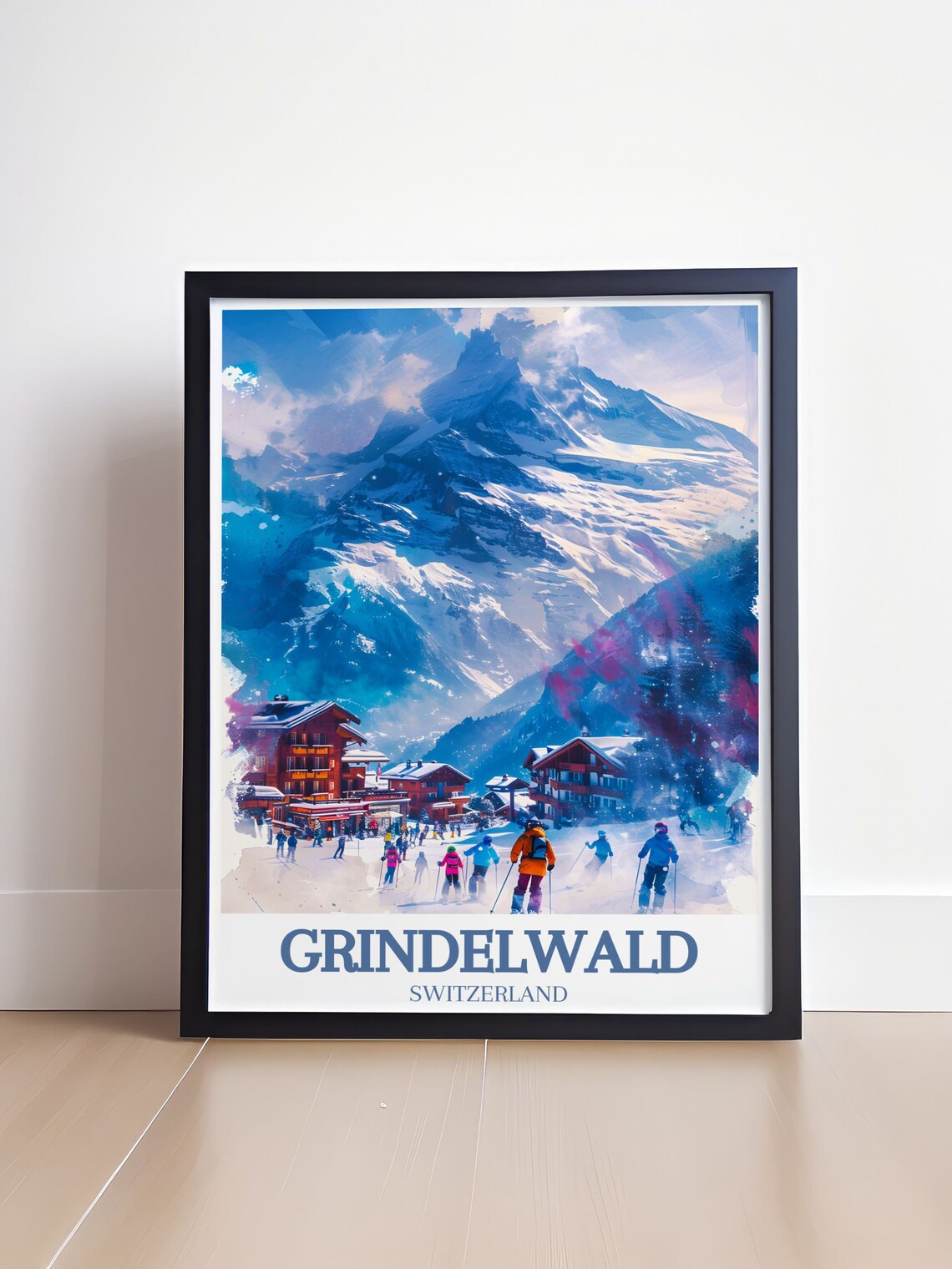 Grindelwald Switzerland Village Skiers Eiger Watercolor Poster - Image 4