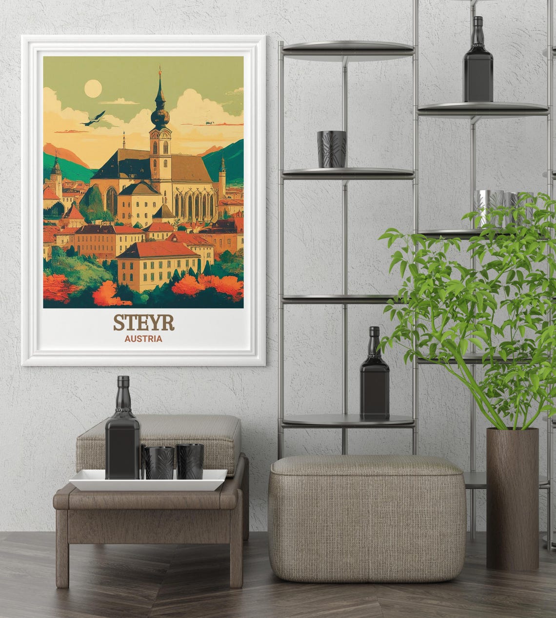 Steyr Austria Parish Church at Sunset Retro Style View Poster - Image 2