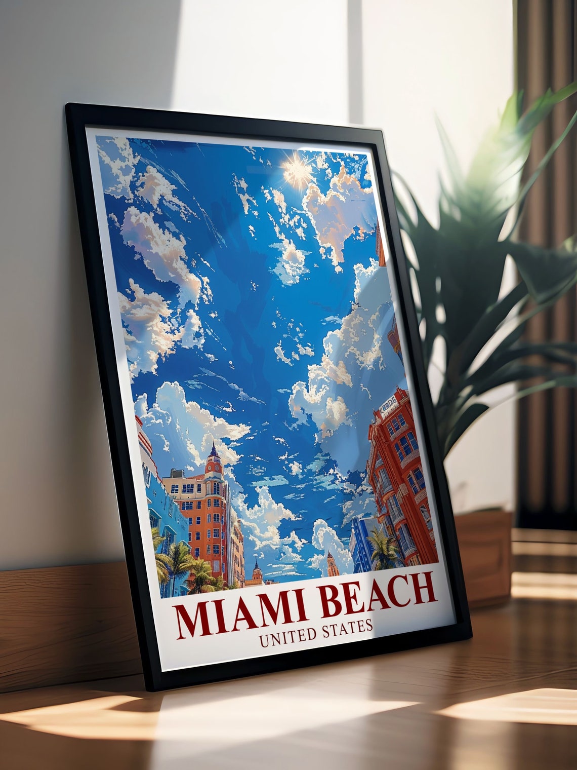 Miami Beach Art Deco Street Scene Under A Bright Blue Sky Poster - Image 2