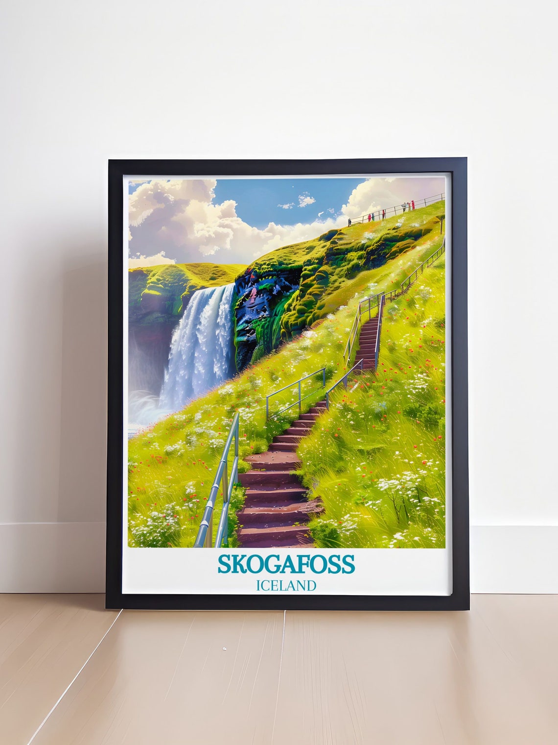 Skógafoss Iceland Waterfall and Staircase Green Hillside Poster - Image 4