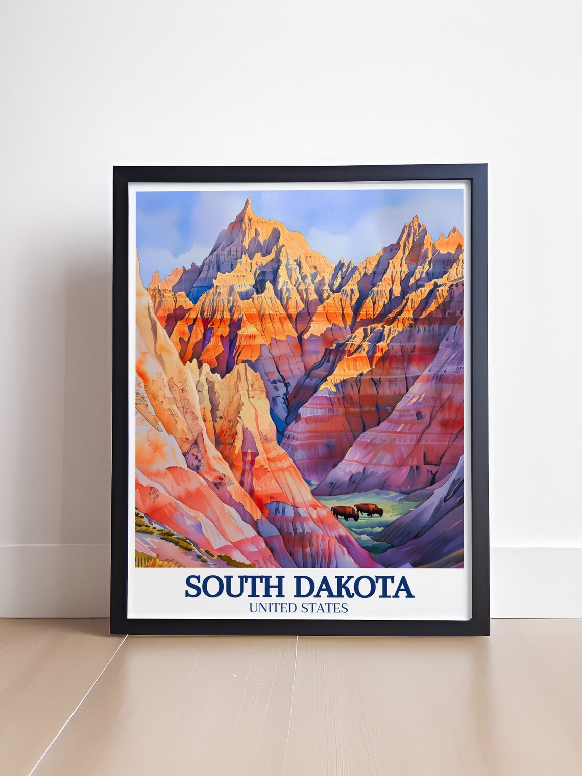 South Dakota Badlands Bison Watercolor National Park Scenic Poster - Image 4